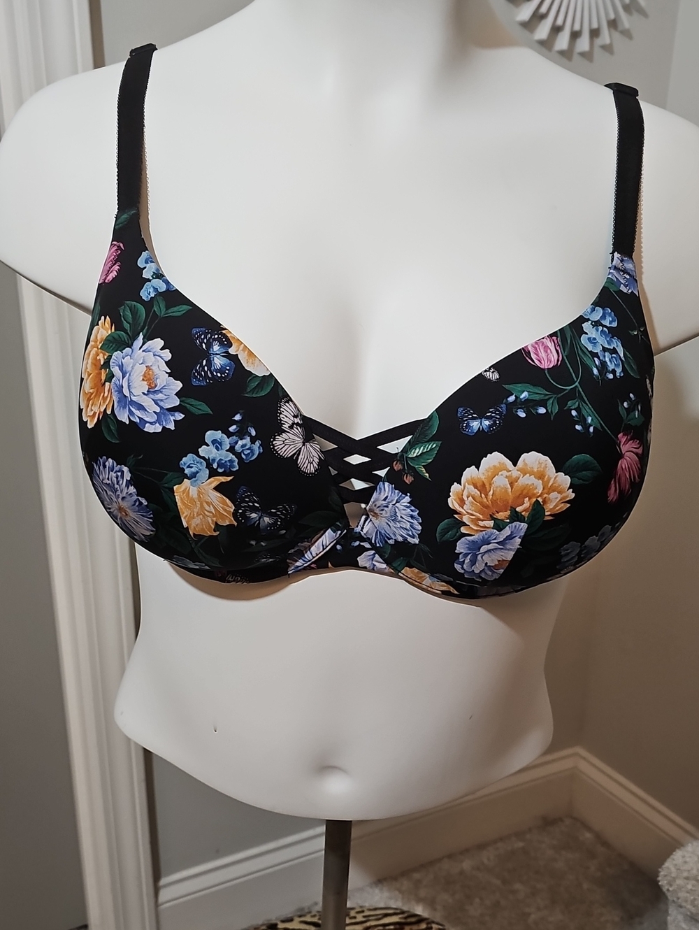 Torrid XO Plunge Black Floral & Butterfly Crisscross Push-Up Bra